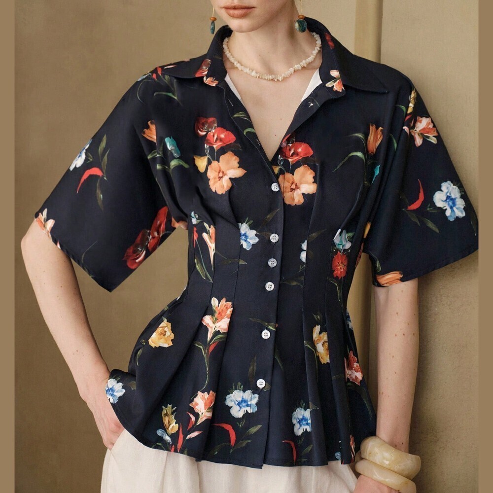 Navy Floral Print Pleated Peplum Short Sleeve Chinched Button Up Blouse